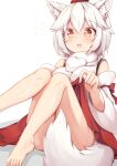  1girl animal_ear_fluff animal_ears barefoot blush breasts detached_sleeves eyebrows_visible_through_hair hair_between_eyes hat inubashiri_momiji large_breasts legs open_mouth red_eyes red_headwear rururiaru short_hair simple_background sitting solo tail tokin_hat touhou white_background white_hair wolf_ears wolf_tail 