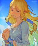  1girl bangle blonde_hair blue_sky blush bracelet breasts closed_mouth clouds cloudy_sky commentary day dress grin hair_tubes hands_together happy_tears jewelry long_hair looking_at_viewer medium_breasts mimme_(haenakk7) outdoors pointy_ears princess_zelda sidelocks sky smile solo straight_hair tears the_legend_of_zelda the_legend_of_zelda:_skyward_sword triforce twitter_username upper_body white_dress wind 