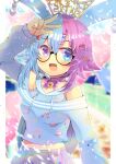  1girl :d animal_ears apple_hair_ornament arm_up bare_shoulders bell belle_sprout blue_eyes blue_hair blue_shirt bow choker commentary_request crescent crescent_hair_ornament crop_top ear_piercing flower food_themed_hair_ornament hair_flower hair_ornament hairclip indie_virtual_youtuber jingle_bell kouu_hiyoyo long_sleeves looking_at_viewer midriff multicolored_hair navel off-shoulder_shirt off_shoulder open_mouth piercing pink_bow pink_choker pleated_skirt puffy_long_sleeves puffy_sleeves purple_hair purple_skirt shirt skirt sleeves_past_wrists smile solo star_(symbol) star_hair_ornament strawberry_hair_ornament two-tone_hair violet_eyes virtual_youtuber w x_hair_ornament yellow_flower 