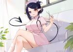 1girl :d black_hair blue_eyes blush breasts commentary_request couch crossed_legs demon_tail eyebrows_visible_through_hair folded_ponytail hair_ornament hairclip hat heterochromia indoors large_breasts looking_at_viewer muryotaro nurse official_art open_mouth original plant pointy_ears red_eyes scissors short_hair short_sleeves sitting smile solo stethoscope tail window wing_collar 