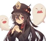  1girl brown_hair closed_eyes genshin_impact ghost hat highres hu_tao long_sleeves looking_at_viewer open_mouth red_eyes shiroi_ou simple_background symbol-shaped_pupils twintails white_background 