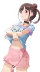  1girl :o bangs black_choker blue_shirt blunt_bangs blush brown_hair choker eyebrows_visible_through_hair hair_bun highres hiroki_(yyqw7151) idolmaster idolmaster_shiny_colors looking_at_viewer red_eyes shirt short_hair short_sleeves simple_background solo sonoda_chiyoko stomach t-shirt thighs undressing white_background 