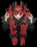  1girl animal_ears bangs black_background black_bow bow braid cat_ears extra_ears fingernails frilled_sleeves frills hair_bow highres kaenbyou_rin long_fingernails long_hair long_sleeves marimo_tarou multiple_bows nail_polish nekomata open_mouth red_bow red_eyes red_nails redhead solo touhou twin_braids upper_body 