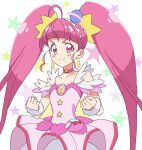  1girl ahoge bangs blunt_bangs blush choker clenched_hands closed_mouth collarbone cure_star earrings hair_ornament highres jewelry kousuke0912 long_hair looking_at_viewer pink_choker pink_hair pink_skirt pleated_skirt precure red_eyes shiny shiny_hair sketch skirt smile solo star_(symbol) star_choker star_twinkle_precure very_long_hair wrist_cuffs 