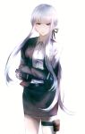  1girl a_po_(liuxiaobo0413) alternate_hairstyle bangs belt black_gloves black_jacket black_ribbon black_skirt breasts commentary_request cowboy_shot crossed_arms dangan_ronpa_(series) dangan_ronpa_3_(anime) gloves hair_ribbon highres jacket kirigiri_kyouko long_hair looking_at_viewer medium_breasts official_alternate_costume pencil_skirt purple_hair ribbon shirt simple_background skirt solo thigh_strap very_long_hair violet_eyes white_background white_shirt 