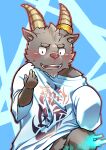  1boy alternate_costume animal_ears blush creature furry goat_boy goat_ears goat_horns highres horns jewelry male_focus ring salomon_(tokyo_after_school_summoners) shirt short_hair sleeves_past_wrists smile solo tokiniha_netai_(pm8sleepy) tokyo_houkago_summoners white_shirt 