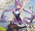  1girl armpits bare_arms bare_shoulders black_legwear choker double_bun dress frilled_dress frilled_skirt frills genshin_impact grass hair_bun hair_ornament hairclip keqing_(genshin_impact) long_hair looking_at_viewer pantyhose petals purple_dress purple_hair sitting skirt sl86 sleeveless sleeveless_dress smile solo tree tree_branch twintails violet_eyes 