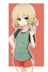  1girl :o alternate_hairstyle bangs blonde_hair blue_eyes border commentary cowboy_shot eyebrows_visible_through_hair girls_und_panzer grey_shirt gym_shorts hair_up hand_on_hip highres katyusha_(girls_und_panzer) looking_at_viewer low_twintails nasunael outline parted_lips raglan_sleeves red_background red_shorts shirt short_hair short_shorts short_sleeves short_twintails shorts solo sportswear standing t-shirt twintails waving white_border white_outline 