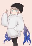  1boy :&gt; aqua_eyes bangs beanie black_headwear black_legwear blue_hair blush brown_background brown_hair captain_nemo_(fate) closed_mouth eyebrows_visible_through_hair fate/grand_order fate_(series) gradient_hair grey_hoodie hand_in_pocket hand_up hat highres hood hood_down hoodie i.u.y long_hair long_sleeves looking_at_viewer male_focus multicolored_hair pantyhose simple_background sleeves_past_wrists solo twintails very_long_hair 