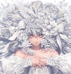  1girl bangs bare_shoulders bow closed_mouth collarbone feathered_wings flower grey_eyes hair_bow hair_flower hair_ornament hair_wings hands_on_own_chest highres long_sleeves looking_at_viewer minami_(minami373916) off_shoulder original own_hands_together puffy_long_sleeves puffy_sleeves rose silver_hair solo upper_body white_bow white_flower white_rose white_wings wings 