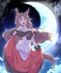  1girl animal_ears breasts brooch brown_hair clouds collarbone crescent crescent_moon dress eyebrows_visible_through_hair fang highres holding holding_clothes holding_dress imaizumi_kagerou jewelry large_breasts long_hair long_sleeves looking_at_viewer moon night off-shoulder_dress off_shoulder open_mouth outdoors red_eyes sky solo tail tanasuke touhou white_dress wide_sleeves wolf_ears wolf_tail 