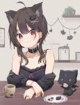  1girl :3 animal_ear_fluff animal_ears bare_shoulders blush bracelet brown_hair buckle camisole cat_ears cat_hair_ornament chomusuke closed_mouth collar collarbone commentary_request cookie creature cup detached_sleeves ear_piercing eating food hair_ornament highres jewelry kemonomimi_mode kono_subarashii_sekai_ni_shukufuku_wo! long_sleeves looking_at_viewer megumin nut_megu piercing red_eyes ring short_hair_with_long_locks sidelocks signature smile table upper_body 