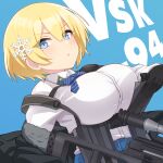 1girl :o bangs belt black_gloves black_jacket blonde_hair blue_background blue_belt blue_eyes blue_neckwear blue_skirt breasts button_gap character_name collared_shirt commentary_request eyebrows_visible_through_hair girls_frontline gloves gun hair_between_eyes hair_ornament highres holding holding_gun holding_magazine_(weapon) holding_weapon jacket large_breasts long_sleeves looking_at_viewer magazine_(weapon) mole mole_under_eye neck_ribbon off_shoulder ribbon shirt shirt_tucked_in short_hair sidelocks simple_background skirt snap-fit_buckle snowflake_hair_ornament solo striped striped_neckwear underbust upper_body vsk-94 vsk-94_(girls_frontline) walkie-talkie weapon white_shirt yuki_shiro 