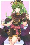  1girl bangs brown_dress closed_mouth dress fire_emblem fire_emblem:_shadow_dragon fire_emblem_heroes fur_trim green_eyes green_hair hand_up headpiece highres long_hair looking_at_viewer official_alternate_costume pointy_ears ponytail smile solo tiki_(fire_emblem) user_ywpd8853 very_long_hair 