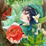  1boy absurdres androgynous apple bangs basket beret black_hair blue_hair bow braid bug butterfly cape collared_cape collared_shirt commentary_request flower food frilled_sleeves frills from_behind fruit genshin_impact gradient_hair green_cape green_eyes green_headwear hat hat_flower highres holding holding_food holding_fruit in_tree leaf long_sleeves looking_at_viewer looking_back lower_teeth male_focus multicolored_hair open_mouth pantyhose shirt short_hair_with_long_locks side_braids sidelocks sitting sitting_in_tree smile solo teeth tongue tree twin_braids venti_(genshin_impact) white_flower white_pantyhose white_shirt zawa_(user_uvpw3884) 