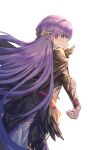  1girl absurdly_long_hair absurdres belt black_feathers cape closed_mouth commission commissioner_upload dress feathers fire_emblem fire_emblem:_the_binding_blade fire_emblem_heroes highres injury long_hair long_sleeves looking_back purple_hair shichigatsu solo sophia_(fire_emblem) teardrop tearing_up tears torn_clothes torn_sleeves transparent_background very_long_hair violet_eyes 