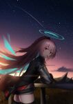  1girl ambriel_(arknights) arknights bangs black_jacket black_legwear commentary_request cowboy_shot highres jacket lodbyy long_hair looking_at_viewer mouth_hold night night_sky outdoors pink_hair sky solo standing star_(sky) starry_sky thigh-highs thighs violet_eyes 
