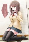  1girl @_@ bangs brown_hair cardigan commentary_request green_eyes highres kneeling long_hair necktie oouso original pleated_skirt school_uniform skirt smile solo sweatdrop thigh-highs translation_request 