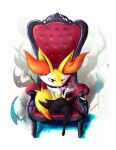  1girl :3 absurdres animal_ear_fluff animal_ears animal_nose artist_name black_choker black_fur body_fur braixen chair choker commentary crossed_legs dated english_commentary eryz flat_chest fox_ears fox_girl fox_tail full_body furry gen_6_pokemon half-closed_eyes hand_up happy highres holding looking_at_viewer open_mouth paws pipe pokemon pokemon_(creature) red_eyes signature sitting smile smoke smoking snout solo stick tail thick_thighs thighs throne white_background white_fur yellow_fur 