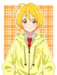  1girl ahoge bangs blonde_hair blush closed_mouth collared_shirt eyebrows_visible_through_hair hair_between_eyes hands_in_pocket highres hood hood_down hooded_sweater hugtto!_precure kagayaki_homare kousuke0912 looking_at_viewer necktie orange_eyes precure red_neckwear shiny shiny_hair shirt short_hair smile solo sweater upper_body white_shirt wing_collar yellow_sweater 