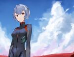  1girl ayanami_rei blue_hair blue_sky breasts clouds cloudy_sky evangelion:_3.0_you_can_(not)_redo highres neon_genesis_evangelion plugsuit rebuild_of_evangelion red_eyes ryou_(ponpgo) short_hair skin_tight sky small_breasts solo upper_body 