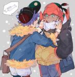  2boys bag baseball_cap black_hoodie blue_jacket brown_bag closed_mouth commentary_request dark_skin dark_skinned_male fur-trimmed_jacket fur_trim green_eyes grey_background hat highres hood hood_down hoodie jacket leon_(pokemon) light_blush looking_at_another male_focus miya_(siomeronpan17) multiple_boys orange_headwear pokemon pokemon_(game) pokemon_swsh purple_hair raihan_(pokemon) scarf short_hair shorts shoulder_bag spoken_object sweatdrop younger 