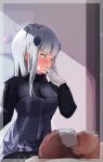  1boy 1girl bangs blurry blurry_background blush closed_mouth commission finger_to_mouth girls_frontline gloves green_eyes hair_ornament highres hk416_(girls_frontline) jacket long_hair long_sleeves sick sidelocks silver_hair skeb_commission solokitsune sweat white_gloves 