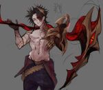  1boy armor belt black_hair black_sclera colored_sclera fingerless_gloves flaming_eye gloves glowing glowing_eye grey_background heterochromia highres holding holding_scythe holding_weapon horns kayn_(league_of_legends) league_of_legends male_focus navel orange_hair parted_lips pauldrons saelyeon scythe shirtless shoulder_armor simple_background sketch smile solo weapon 