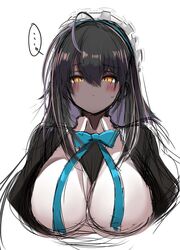  ... 10eki_(tenchou) 1girl ahoge apron bangs black_dress black_hair blue_archive blue_neckwear blush bow bowtie breasts closed_mouth cropped_torso dark_skin dark-skinned_female dress eyebrows_visible_through_hair hair_between_eyes highres karin_(blue_archive) large_breasts long_hair maid maid_headdress simple_background sketch solo spoken_ellipsis sweat upper_body white_apron white_background yellow_eyes 