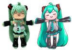  1girl =_= ahoge aqua_hair aqua_neckwear bare_shoulders black_legwear black_skirt black_sleeves blush chibi chibi_miku_(mayo_riyo) closed_eyes commentary crochet detached_sleeves doll facing_viewer full_body grey_shirt hair_ornament hatsune_miku holding_hands long_hair mayo_riyo miniskirt necktie open_mouth outstretched_arms pleated_skirt shirt skirt sleeveless sleeveless_shirt smile standing thigh-highs twintails v-shaped_eyebrows very_long_hair vocaloid zettai_ryouiki 