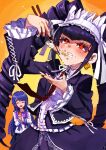  2girls :d arm_up bangs black_hair black_jacket black_nails black_skirt blue_eyes blue_hair blunt_bangs blush bonnet celestia_ludenberg chopsticks closed_eyes commentary_request dangan_ronpa:_trigger_happy_havoc dangan_ronpa_(series) drill_hair earrings eating eyebrows_visible_through_hair food food_on_face frilled_jacket frilled_shirt frilled_sleeves frills gothic_lolita gradient gradient_background hair_ornament hairclip heart heart-shaped_pupils holding jacket jewelry lace-trimmed_skirt lace_trim lolita_fashion long_hair long_sleeves maizono_sayaka multiple_girls necktie open_clothes open_jacket open_mouth orange_background print_neckwear red_eyes red_neckwear ribbon saliva school_uniform shirt skirt smile solo_focus symbol-shaped_pupils tsunemi_aosa twin_drills twintails white_shirt 