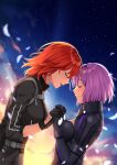  2girls armor armored_leotard bangs black_armor black_gloves black_jacket blue_sky blush breasts closed_eyes command_spell fate/grand_order fate_(series) fujimaru_ritsuka_(female) gloves gradient_sky highres holding_hands interlocked_fingers jacket large_breasts light_purple_hair mash_kyrielight multiple_girls open_mouth orange_hair orange_sky ortenaus polar_chaldea_uniform short_hair sky smile star_(sky) starry_sky sunset tearing_up tila_276 twilight yuri 