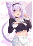  1girl :d ahoge animal_ear_fluff animal_ears benchen06 black_choker black_shirt breasts cat_ears cat_girl cat_tail choker cowboy_shot crop_top crop_top_overhang hairband happy_birthday highres hololive large_breasts long_sleeves looking_at_viewer midriff navel nekomata_okayu open_mouth purple_hair sailor_collar shirt short_hair shorts smile solo standing stomach tail tail_raised violet_eyes virtual_youtuber white_shorts 