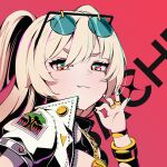  1girl absurdres azur_lane bache_(azur_lane) blonde_hair bracelet bracer character_name closed_mouth eyebrows_visible_through_hair eyewear_on_head hand_up highres jacket jewelry long_hair looking_at_viewer multicolored multicolored_eyes rabe26k red_background ring solo_focus twintails 