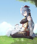  1girl ahoge alolan_form alolan_vulpix bare_shoulders black_bodysuit black_gloves blue_hair blue_sky bodystocking bodysuit breasts covered_navel crossover dappled_sunlight day detached_sleeves english_commentary ganyu_(genshin_impact) gen_1_pokemon gen_7_pokemon genshin_impact gloves grass impossible_clothes jon_eve large_breasts low_ponytail no_shoes on_lap petting pokemon pokemon_(anime) pokemon_(creature) pokemon_on_lap pokemon_sm_(anime) sitting sky smile sunlight vulpix wariza 