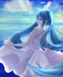  1girl absurdly_long_hair bangs blue_eyes blue_hair closed_mouth clouds day dress floating_hair from_behind hair_between_eyes hatsune_miku highres katorea long_hair ocean off_shoulder outdoors shiny shiny_hair skirt_hold sleeveless sleeveless_dress solo sundress twintails very_long_hair vocaloid white_dress 