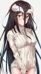  1girl absurdres albedo_(overlord) between_legs black_hair breasts closed_mouth demon_girl demon_horns eyebrows_visible_through_hair hair_between_eyes hand_between_legs highres horns long_hair looking_at_viewer medium_breasts overlord_(maruyama) ribbed_sweater slit_pupils solo sweater very_long_hair viewran yellow_eyes 