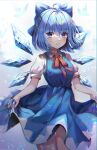  1girl absurdres ahoge bangs blue_bow blue_dress blue_eyes blue_hair blue_theme blush bow breasts cirno closed_mouth commentary_request dress eyebrows_visible_through_hair hair_between_eyes hair_bow hair_ornament highres holding holding_clothes holding_skirt ice ice_wings lifted_by_self looking_at_viewer medium_breasts mirage_(rairudiseu) pout puffy_short_sleeves puffy_sleeves red_neckwear red_ribbon ribbon short_hair short_sleeves skirt skirt_lift solo thighs touhou wings 