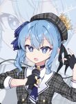  1girl black_gloves blue_eyes blue_hair blue_nails bright_pupils choker gloves hair_behind_ear highres holding holding_microphone hololive hoshimachi_suisei imosalad looking_at_viewer microphone open_mouth partially_fingerless_gloves plaid plaid_headwear plaid_skirt side_ponytail sidelocks skirt solo virtual_youtuber white_pupils zoom_layer 