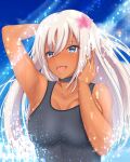  1girl absurdres armpit_crease bangs bare_shoulders blue_eyes blush breasts choker collarbone eyebrows_visible_through_hair flower hair_flower hair_ornament highres kantai_collection large_breasts long_hair older one-piece_swimsuit platinum_blonde_hair ro-500_(kancolle) solo swimsuit tan tonbury tongue tongue_out 