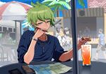 3girls 4boys amami_rantarou antenna_hair bangs bracelet collarbone cup dangan_ronpa_(series) dangan_ronpa_v3:_killing_harmony drinking_glass drinking_straw earrings green_eyes green_hair hand_on_own_chin hand_up highres jewelry kuangtai_(amami_ryoko) male_focus map multiple_boys multiple_girls necklace notebook outdoors palm_tree pen people ring shiny shiny_hair shirt short_hair sitting sleeves_pushed_up solo_focus striped striped_shirt table thinking tree 