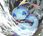  blue_eyes bright_pupils commentary gen_8_pokemon highres looking_back no_humans nullma open_mouth pokemon pokemon_(creature) sobble solo starter_pokemon tongue water water_drop 