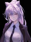  1girl absurdres bangs black_background breasts closed_mouth collared_shirt eyebrows_visible_through_hair formal genshin_impact hair_cones highres jacket keqing_(genshin_impact) long_hair looking_at_viewer medium_breasts necktie office_lady purple_hair shirt simple_background slit_pupils solo suit violet_eyes white_shirt xude 