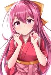  1girl acchii_(akina) blush closed_mouth eyebrows_visible_through_hair fingernails hair_between_eyes hair_ribbon hakama highres japanese_clothes kamikaze_(kancolle) kantai_collection kimono long_hair meiji_schoolgirl_uniform nail_polish pink_hakama pink_nails purple_hair red_kimono ribbon simple_background smile solo upper_body violet_eyes white_background yellow_ribbon 