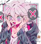  1girl :d bangs collarbone commentary_request crazy_eyes dangan_ronpa_(series) dangan_ronpa_2:_goodbye_despair emoji green_jacket grey_hair hair_between_eyes hands_on_own_cheeks hands_on_own_face hands_up highres hood hood_down jacket komaeda_nagito long_sleeves looking_at_viewer open_clothes open_jacket open_mouth osshouri55 pink_eyes shirt smile solo three_monkeys upper_body 