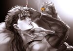  1boy biceps bracelet cigarette closed_mouth collarbone cu_chulainn_(fate)_(all) cu_chulainn_(fate/grand_order) earrings elbow_gloves fate/grand_order fate_(series) fingerless_gloves from_side gloves jewelry kim_yura_(goddess_mechanic) long_hair lying male_focus muscular muscular_male on_back runes skin_tight smoke smoking solo spiky_hair stone tank_top touching_forehead 