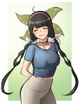  1girl absurdres ahoge alternate_costume arms_behind_back bangs black_hair blunt_bangs blush bow braid breasts chabashira_tenko choker closed_eyes collarbone commentary_request cowboy_shot dangan_ronpa_(series) dangan_ronpa_v3:_killing_harmony eyebrows_visible_through_hair floral_print gradient gradient_background green_background grin hair_bow hair_ornament hairband highres large_breasts long_hair mole mole_under_mouth pink_choker pink_hairband school_uniform seongkun_(agn000) short_sleeves skirt smile solo twin_braids twintails white_background 