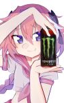  1boy astolfo_(fate) astolfo_monster_cosplay_(meme) black_bow black_ribbon bow braid can drink duckkhouse energy_drink fang fate/apocrypha fate/grand_order fate_(series) hair_intakes highres holding holding_can long_braid long_hair looking_at_viewer monster_energy multicolored_hair otoko_no_ko pink_hair product_placement red_sailor_collar ribbon sailor_collar school_uniform serafuku single_braid skin_fang smile streaked_hair upper_body violet_eyes white_hair 