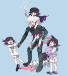  6+boys ahoge_removed android artist_name black_cape black_footwear black_hair blue_eyes braid cape checkered checkered_scarf child closed_eyes commentary_request contrapposto dangan_ronpa_(series) dangan_ronpa_v3:_killing_harmony double-breasted green_background gun hand_grab happy hat holding holding_another holding_gun holding_stuffed_toy holding_weapon keebo kuangtai_(amami_ryoko) leaning_forward looking_at_viewer lying male_focus multiple_boys multiple_persona on_shoulder on_stomach open_mouth ouma_kokichi peaked_cap pink_eyes power_armor pulling purple_hair scarf shoes short_hair shorts simple_background straitjacket stuffed_animal stuffed_octopus stuffed_toy torn_cape torn_clothes violet_eyes weapon white_hair white_shorts younger 