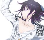  1boy bangs black_hair checkered checkered_background checkered_neckwear checkered_scarf collarbone dangan_ronpa_(series) dangan_ronpa_v3:_killing_harmony hair_between_eyes half-closed_eye highres jacket kuangtai_(amami_ryoko) long_sleeves looking_at_viewer lying male_focus on_back ouma_kokichi purple_hair scarf shiny shiny_hair solo upper_body white_jacket 